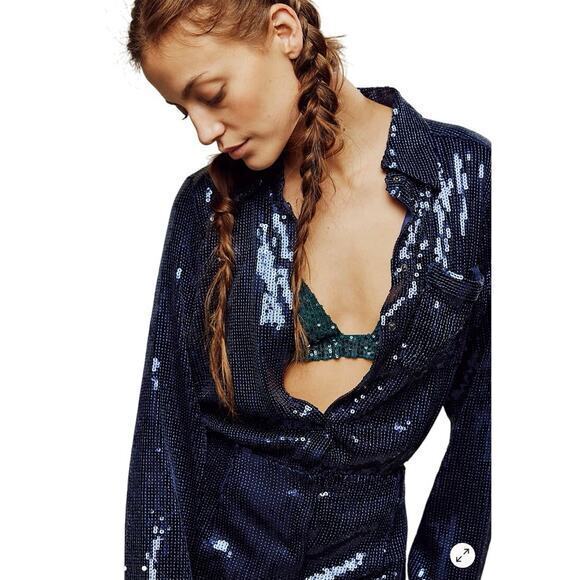 NWT Free People Sophie Sequin Mini Dress Navy Blue Longsleeve Button Up Dress S - Picture 8 of 16